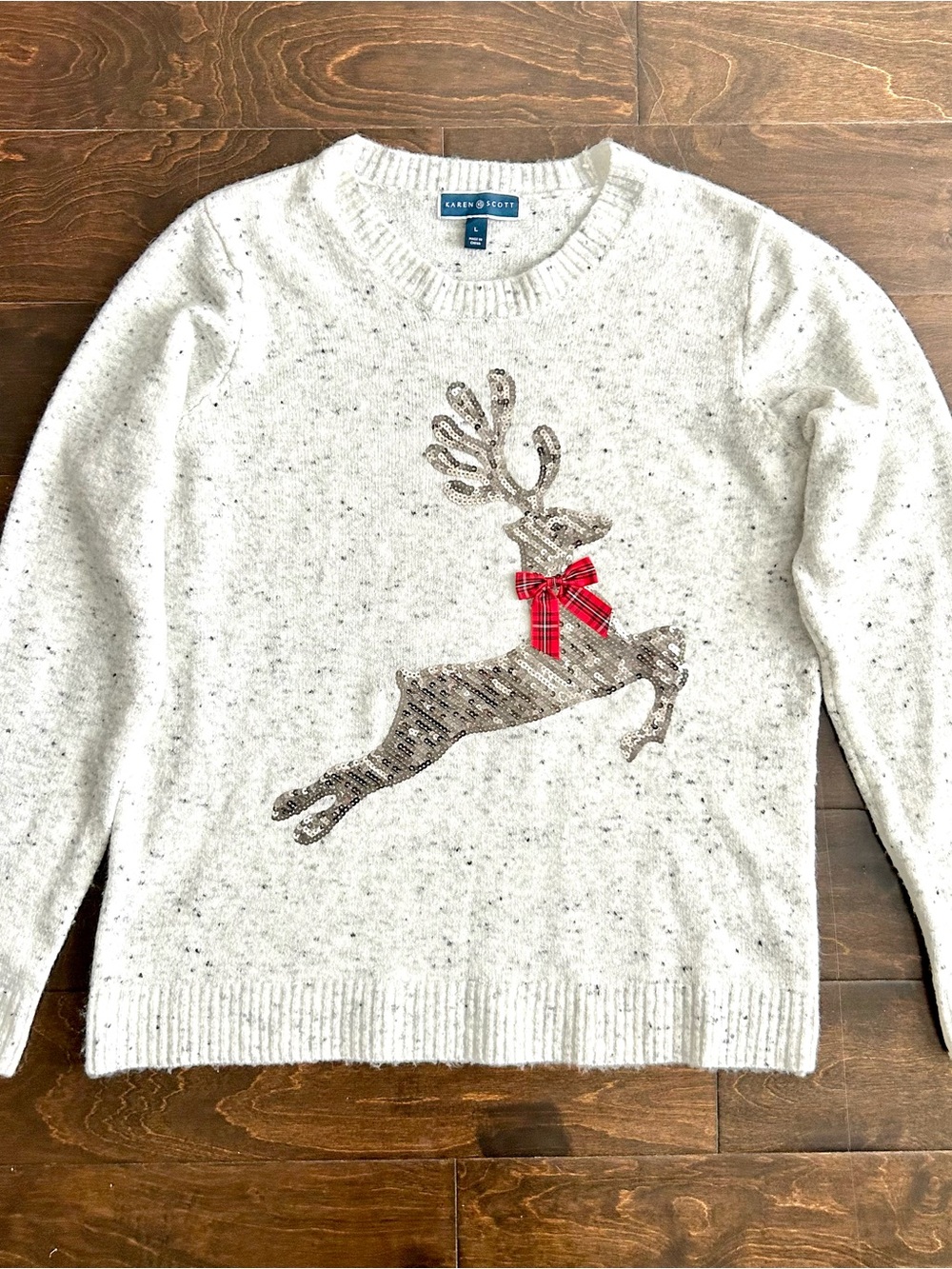 Karen Scott Reindeer Sequin Holiday Sweater Cream Speckled Marl Large